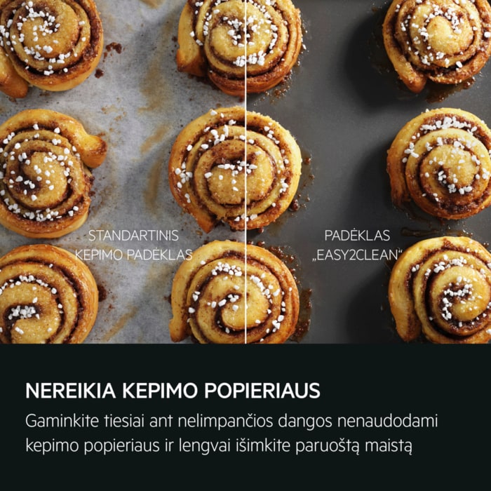 NEREIKIA KEPIMO POPIERIAUS Gaminkite tiesiai ant nelimpančios dangos nenaudodami kepimo popieriaus ir lengvai išimkite paruoštą maistą  STANDARTINIS KEPIMO PADĖKLAS PADĖKLAS „EASY2CLEAN“