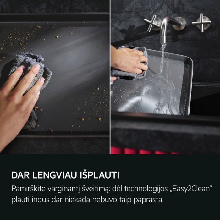 DAR LENGVIAU IŠPLAUTI Pamirškite varginantį šveitimą: dėl technologijos „Easy2Clean“ plauti indus dar niekada nebuvo taip paprasta