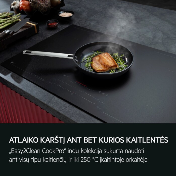 ATLAIKO KARŠTĮ ANT BET KURIOS KAITLENTĖS „Easy2Clean CookPro“ indų kolekcija sukurta naudoti ant visų tipų kaitlenčių ir iki 250 °C įkaitintoje orkaitėje