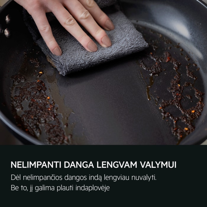 NELIMPANTI DANGA LENGVAM VALYMUI Dėl nelimpančios dangos indą lengviau nuvalyti. Be to, jį galima plauti indaplovėje