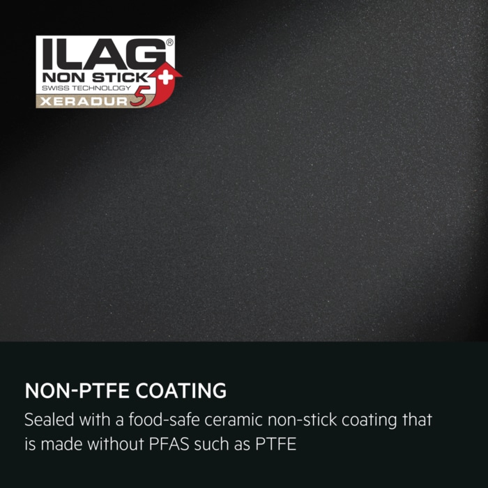 Non-PTFE coating. Sealed with a food-safe ceramic non-stick coating that is made without PFAS such as PTFE
