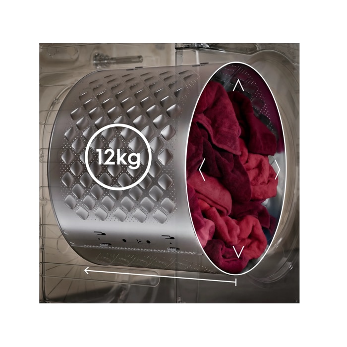 The spacious 12 kg drum fits more laundry, with cycles optimised for big loads
