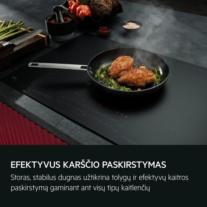 EFEKTYVUS KARŠČIO PASKIRSTYMAS Storas, stabilus dugnas užtikrina tolygų ir efektyvų kaitros paskirstymą gaminant ant visų tipų kaitlenčių