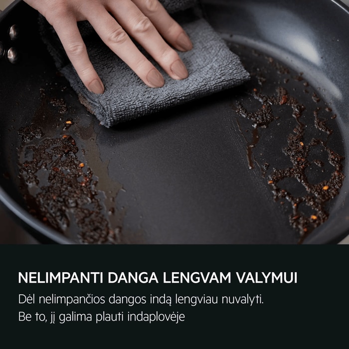 NELIMPANTI DANGA LENGVAM VALYMUI Dėl nelimpančios dangos indą lengviau nuvalyti. Be to, jį galima plauti indaplovėje
